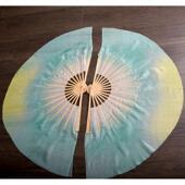 真丝舞蹈扇子枝头春意闹小花戏双面双色跳舞扇绿黄渐变对扇长绸扇