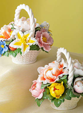 陶瓷花篮手捏瓷花高级家居装饰品牡丹玫瑰花中式艺术摆件室内招财