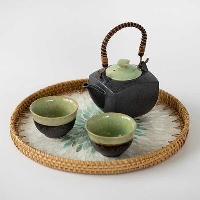 进口藤编托盘手工彩贝壳水果盘家用茶盘客厅装饰收纳框茶具点心盘