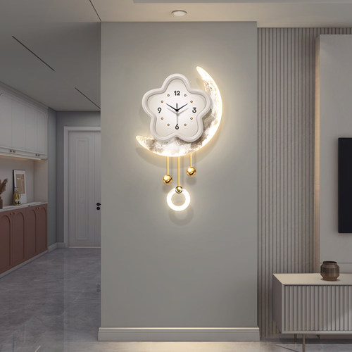 立体发光带钟表装饰画客厅电视背景墙创意时钟奶油风壁灯餐厅挂钟