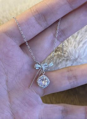 925纯银蝴蝶结方糖项链女ins轻奢小众高级百搭气质新款锁骨链礼物