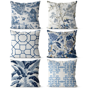 中式 双面图案床头靠垫坐椅腰垫靠枕 复古蓝色棉麻沙发抱枕古典风格