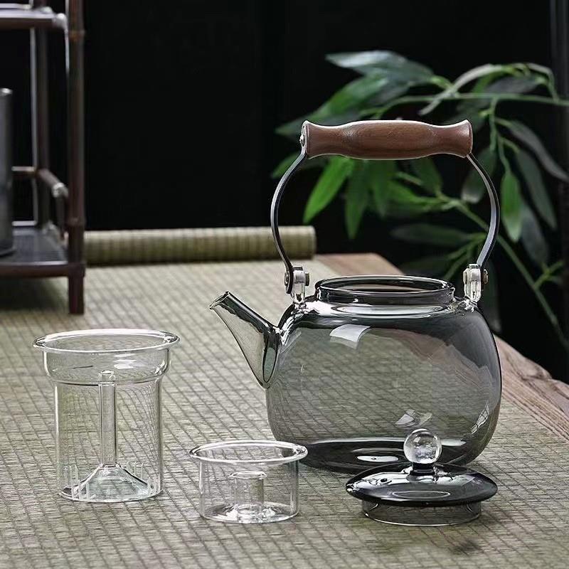 邮销售高硼包硅玻煮璃茶壶星空顶珠蒸体提梁一壶透005黑料家用煮