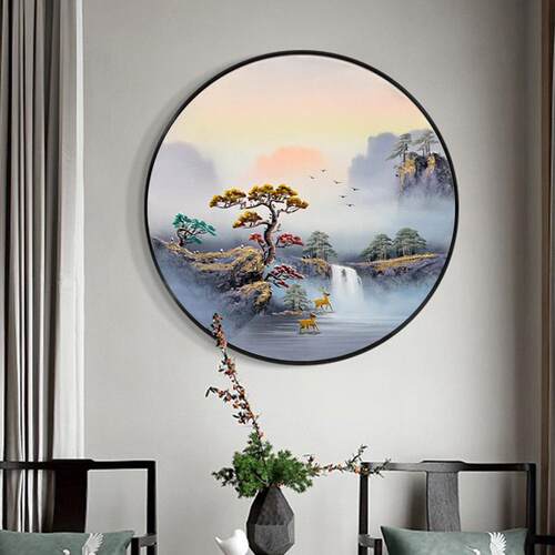 SI6K新中式户正对墙入挂画厅玄关灯带圆形装饰画手客F7665768绘山