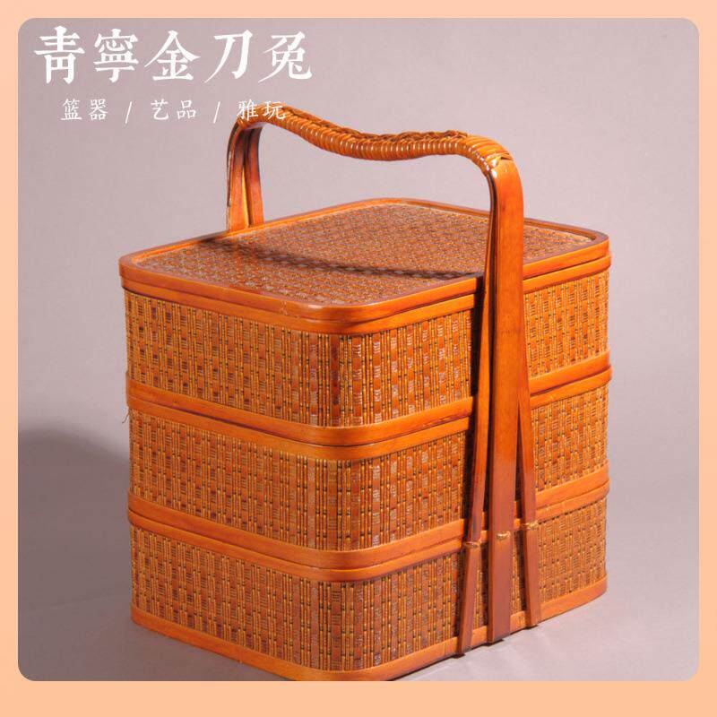 ?F757T656盒提竹编篮子食手提送餐三层子拜拜用手篮工编织竹篮古