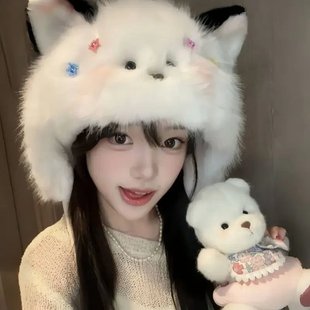 可爱猫咪耳朵帽子毛绒茸保暖雷锋帽女生秋冬季护耳加厚防风御寒s