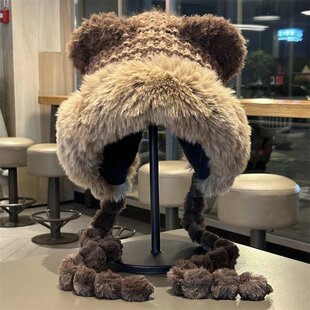 可爱小熊毛绒帽子女冬加厚保暖显脸小护耳帽甜美百搭防寒雷锋帽M