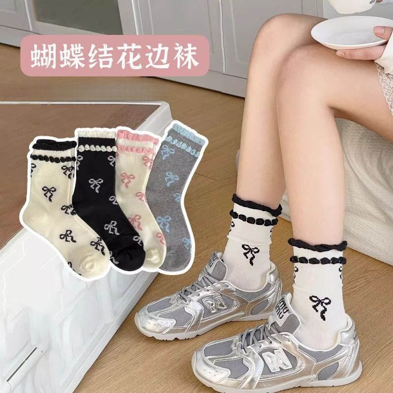 花边袜子女春夏新款蝴蝶结中筒袜