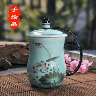 家用个人办公杯高档水杯子礼品定制 景德镇陶瓷杯带盖手绘茶杯套装