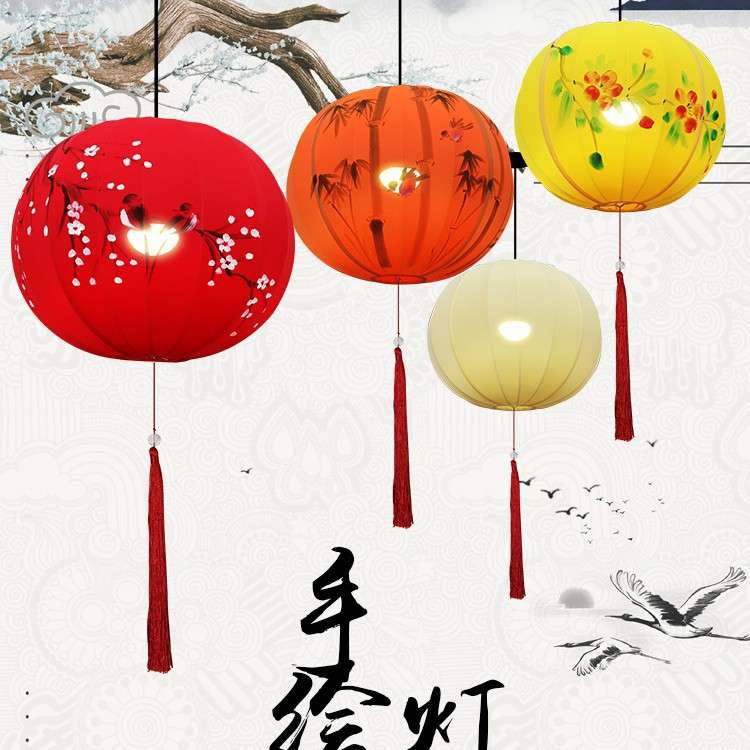 卞杰圆形灯笼新中式弹力布艺手工绘画庭院走廊发光别墅装饰七彩色图片