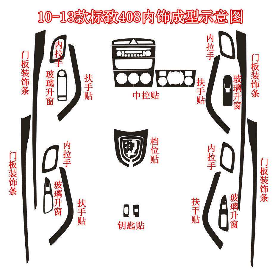 适用于10-13款东风标致408改装内饰贴纸排挡中控门板装饰汽车贴膜