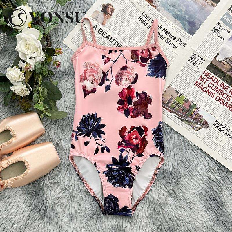 梵舒儿童芭蕾舞练功服粉色印花蕾丝边舞蹈体操服女童新款