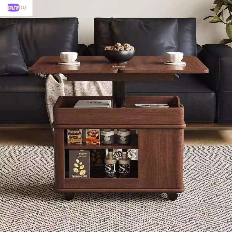升降实木移动折叠茶几边几小户型客厅家用胡桃木沙发边几带轮推车