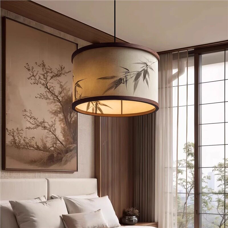 宋式美学圆形卧室吊灯实木绘画竹叶主卧书房茶室餐厅吧台饭店灯具