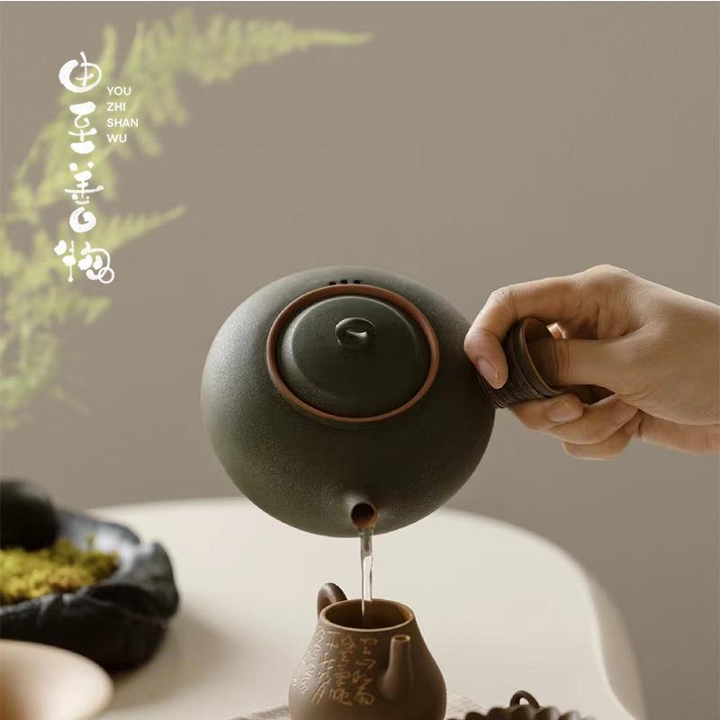 由至复古斑灰釉藤编侧把壶陶瓷紫砂全手工陶壶可干烧不烫手煮茶壶