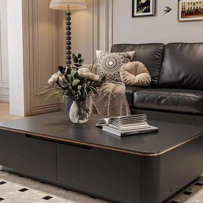 实木轻奢岩板黑色长方形茶几现代简约大小户型客厅家用茶几高级感