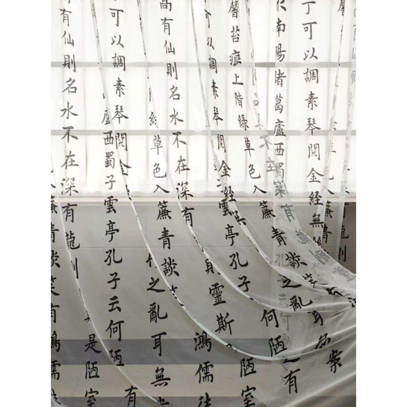 xyt新中式陋室铭书法文字绣花窗纱客厅书房茶楼风透光纱帘