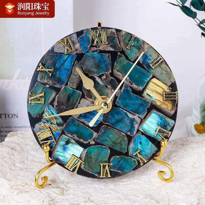 天然水晶拉长石圆盘时钟摆件创意玛瑙片钟表家居客厅装饰摆设