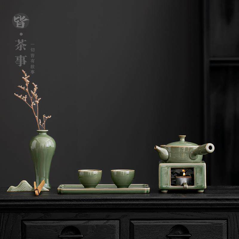 复古青瓷侧把壶温茶炉小型泡茶套装家用暖茶炉茶壶温茶底座泡茶器