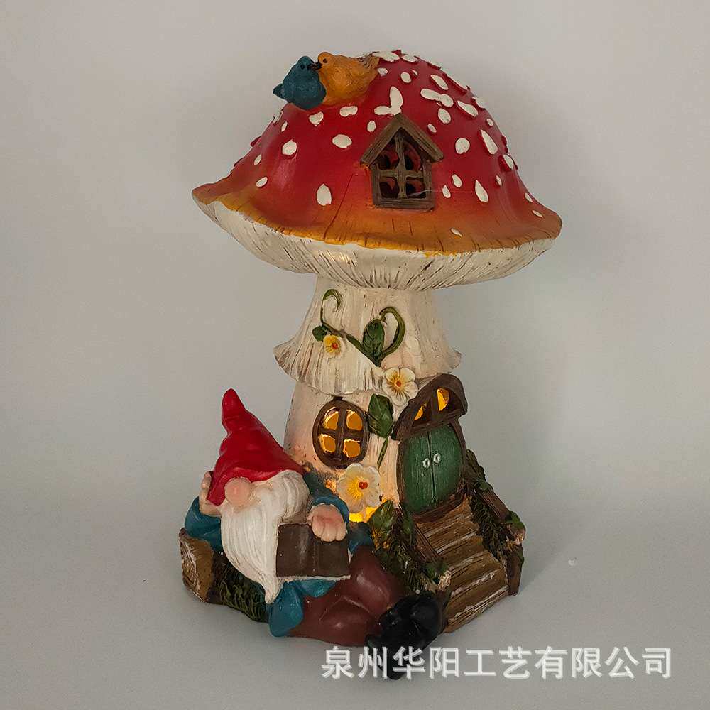 造景装饰摆件庭院花园侏儒精灵蘑菇屋房子树脂工艺品太阳能摆件