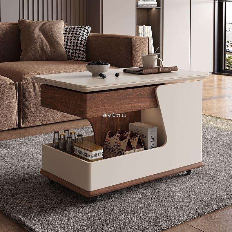 可移动茶几小户型沙发边几岩板多功能茶桌升降实木创意小推车新款