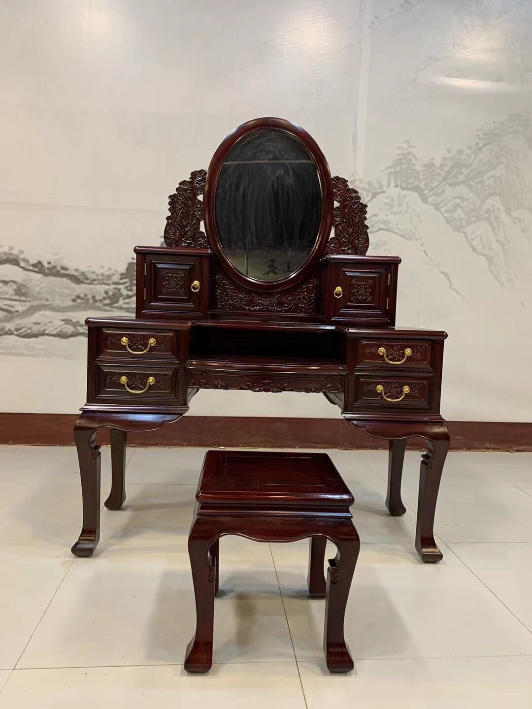 紫光檀东非黑黄檀梳妆台化妆台试衣镜清式明式家具