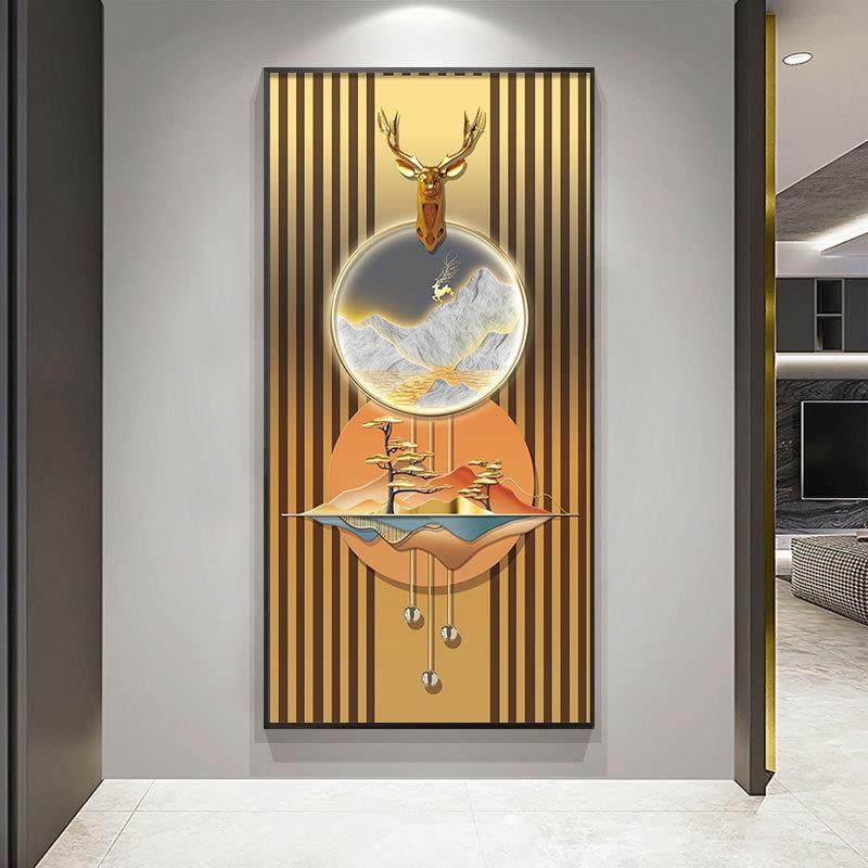 现代轻奢进门玄关装饰画招财麋鹿走廊过道挂画别墅大尺寸落地壁画