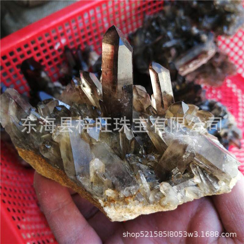 东海天然茶水晶原石能量柱晶簇茶水晶烟晶消磁净化家居摆件收藏