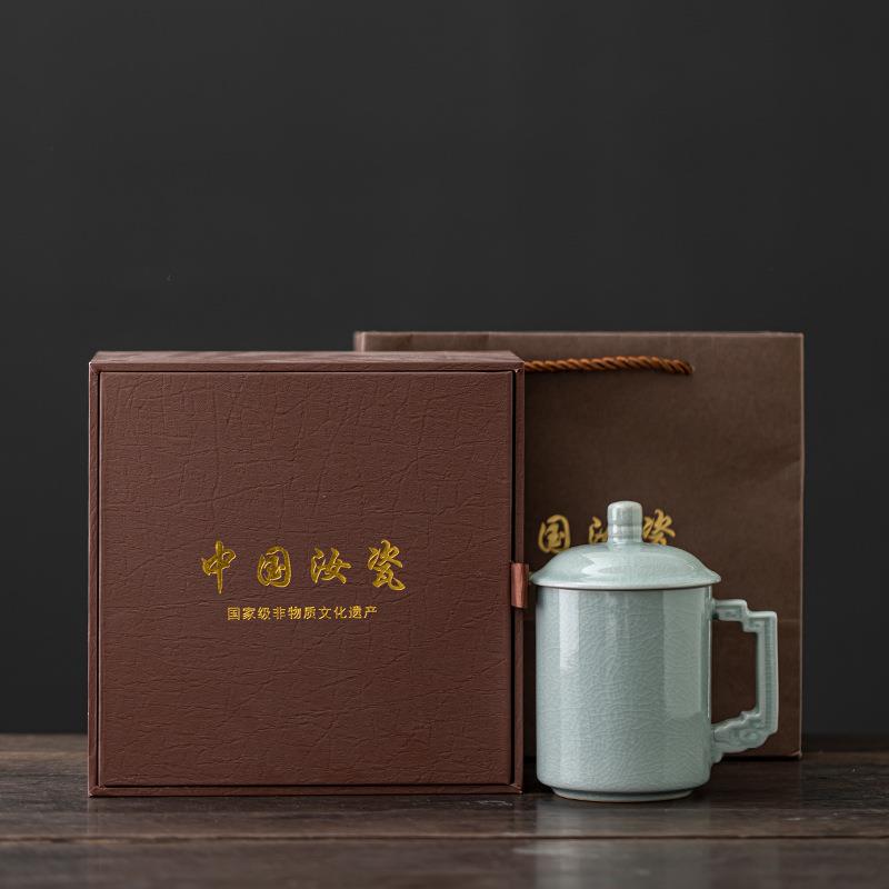 汝窑开片可养马克杯陶瓷带盖过滤家用个人杯泡茶杯主人杯茶水分离