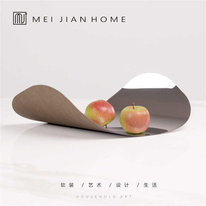 简约现代金属木纹卷边托盘摆件