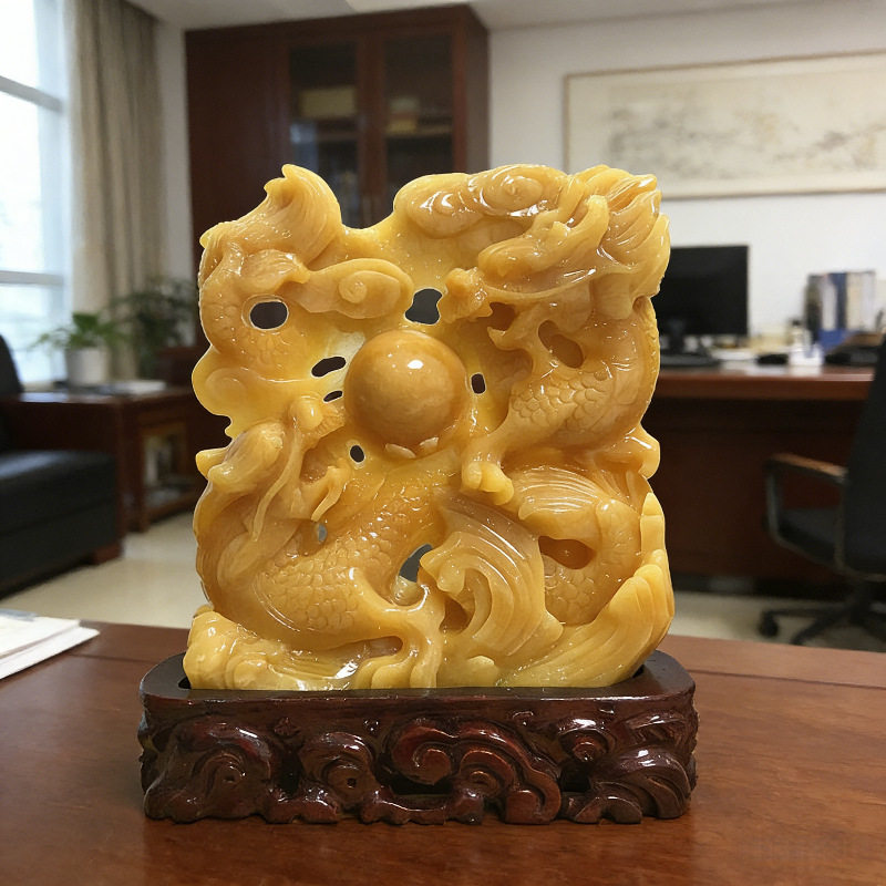 天然米黄玉双龙戏珠摆件动物客厅玄关办公室大号摆放家居装饰品