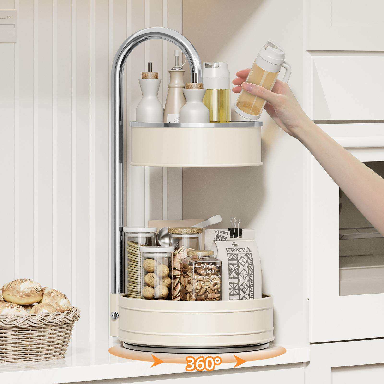 不锈钢厨房旋转置物架多层306旋转调料架台面托盘多功能收纳架子