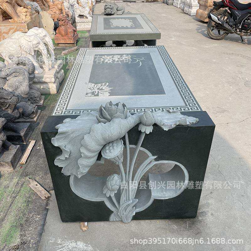 曲阳石雕办公室大理石茶桌茶台荷花莲花吸水兽茶盘神兽茶几长方桌