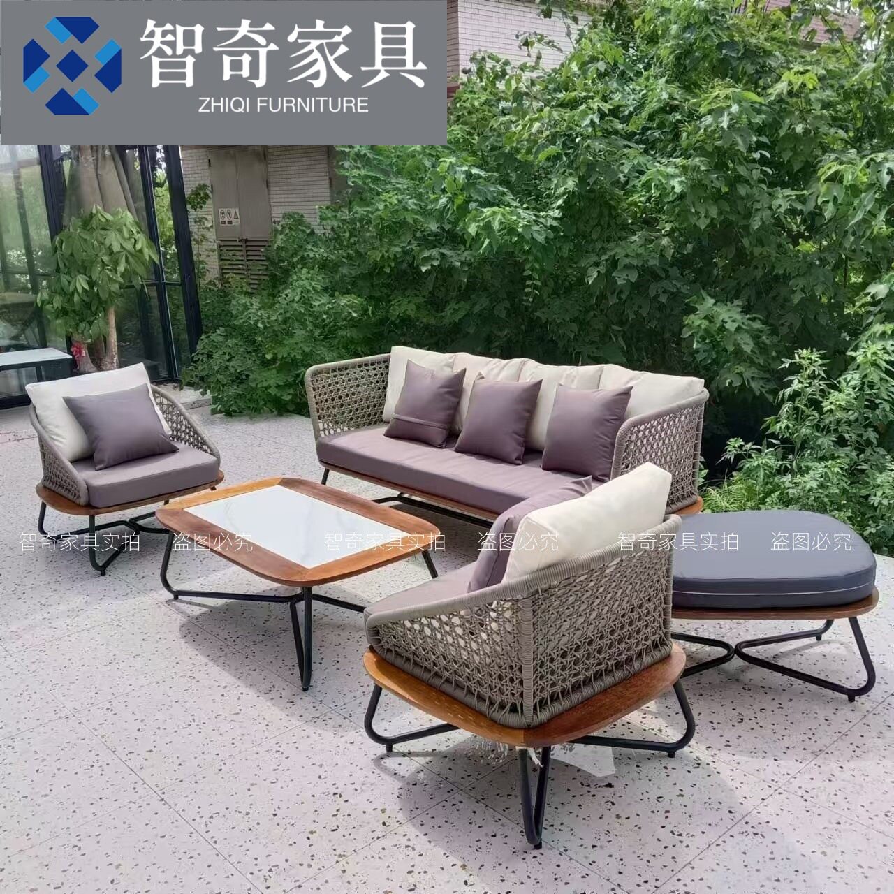 户外沙发别墅露天花园民宿庭院酒店室外高端编绳菠萝格木家具组合