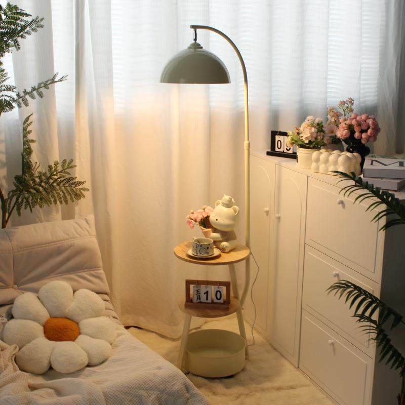 奶油风茶几落地灯法式田园主卧室边几沙发旁床头柜置物架一体台灯