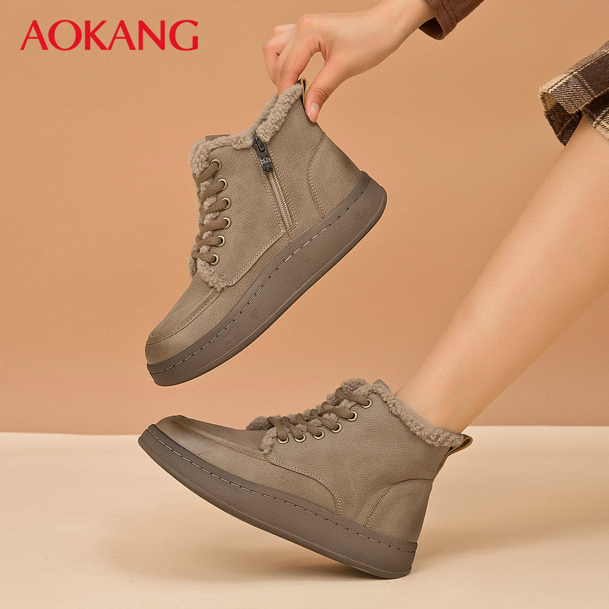 奥康加绒厚底短靴女保暖增高雪地靴女时尚毛绒棉靴子秋冬时装靴女,女鞋,时尚雪地靴,淘宝优惠券,粉丝福利购,淘宝优惠卷