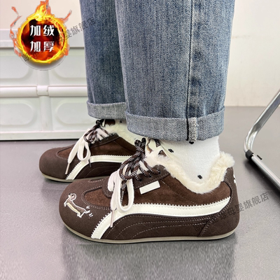 女童轻便薄底加绒泡芙鞋2025秋冬新款休闲女鞋学生爆款复古德训鞋