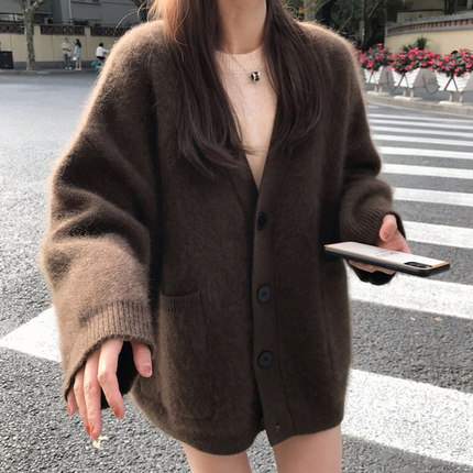 浣熊绒咖啡色毛衣外套春秋复古日系宽松慵懒风中长款针织开衫上衣