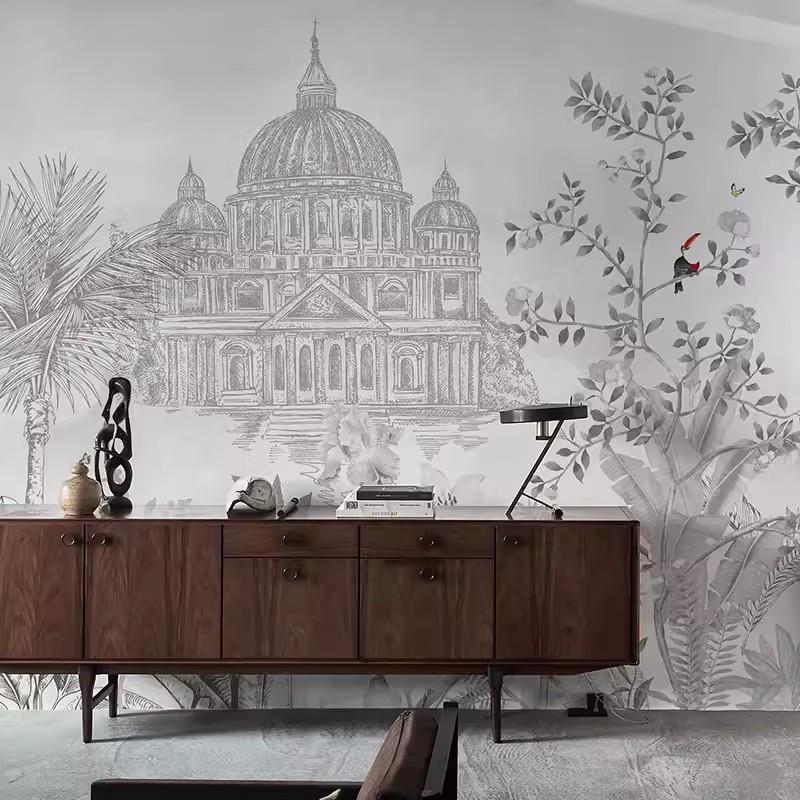 北欧电视背景墙壁纸卧室轻奢风定制壁画客厅餐厅花鸟沙发墙纸墙布
