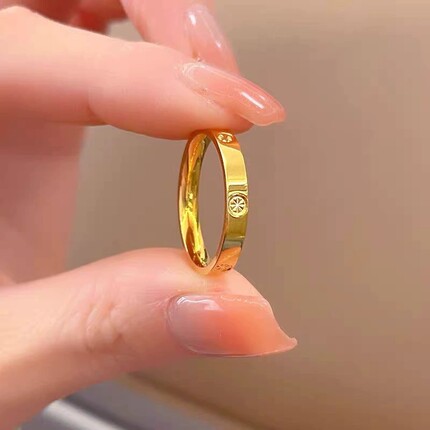 简约国风18K金米字素圈戒指女实心指环情侣对戒送老婆礼物