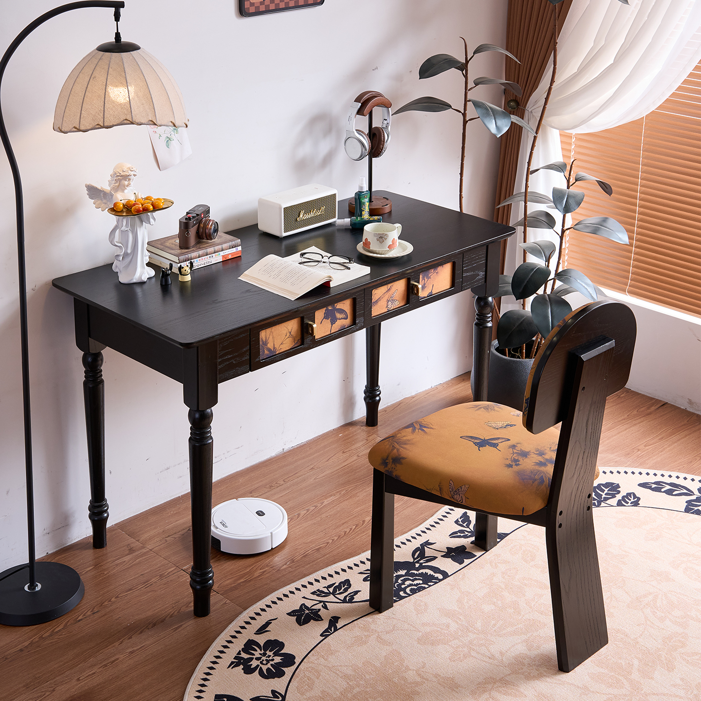 岚鸿中古风书桌椅实木法式复古电脑桌轻奢黑色设计师化妆桌高级感