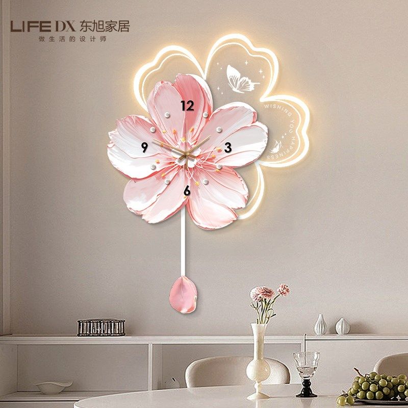 奶油风餐厅装饰画花卉钟表挂钟客厅2024新款挂画高级感餐桌壁画