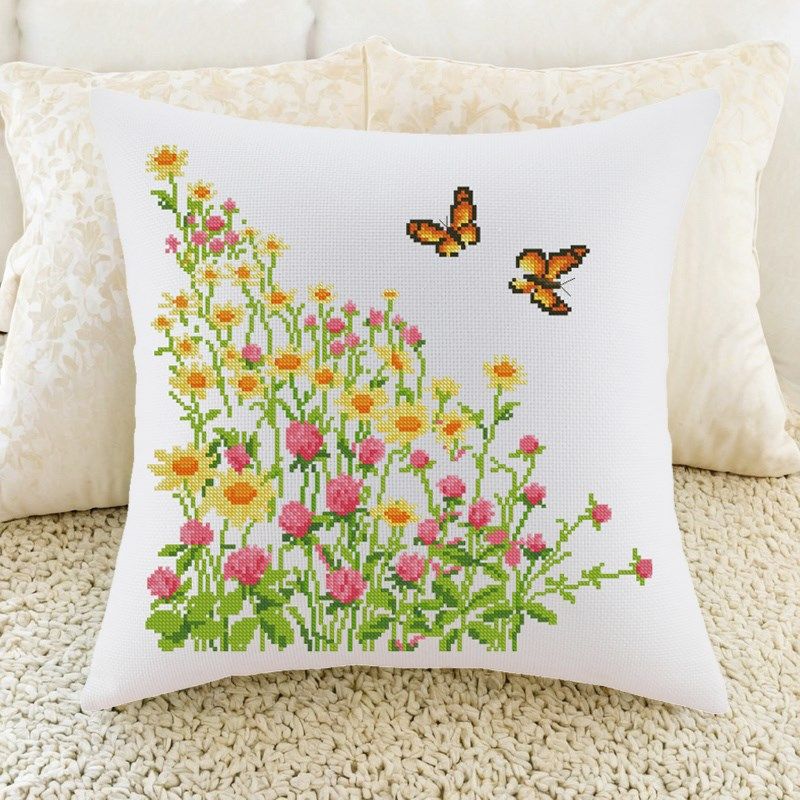高级感十字绣抱枕十字绣抱枕蝶恋花花丛客厅沙发汽车靠垫自己绣