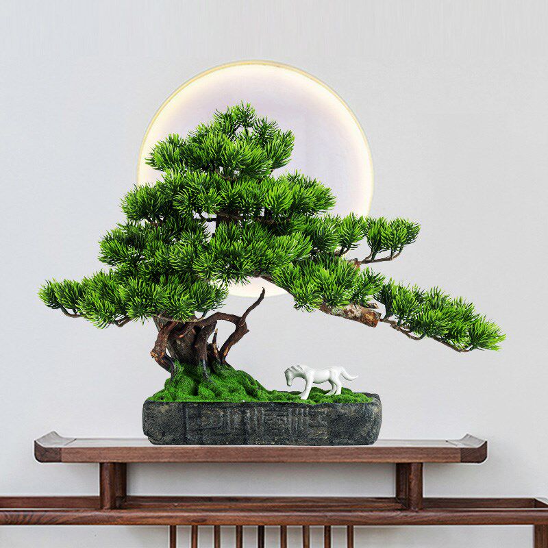 仿真迎客松摆件酒店桌面装饰进门玄关柜台仿真绿植盆景罗汉崖柏松