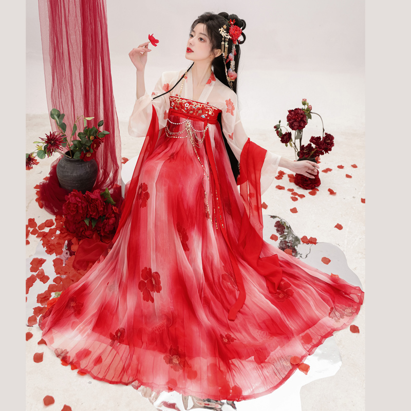 汉服女阑珊小记原创【朱颜】唐制国风对襟衫刺绣齐胸襦裙仙气春夏