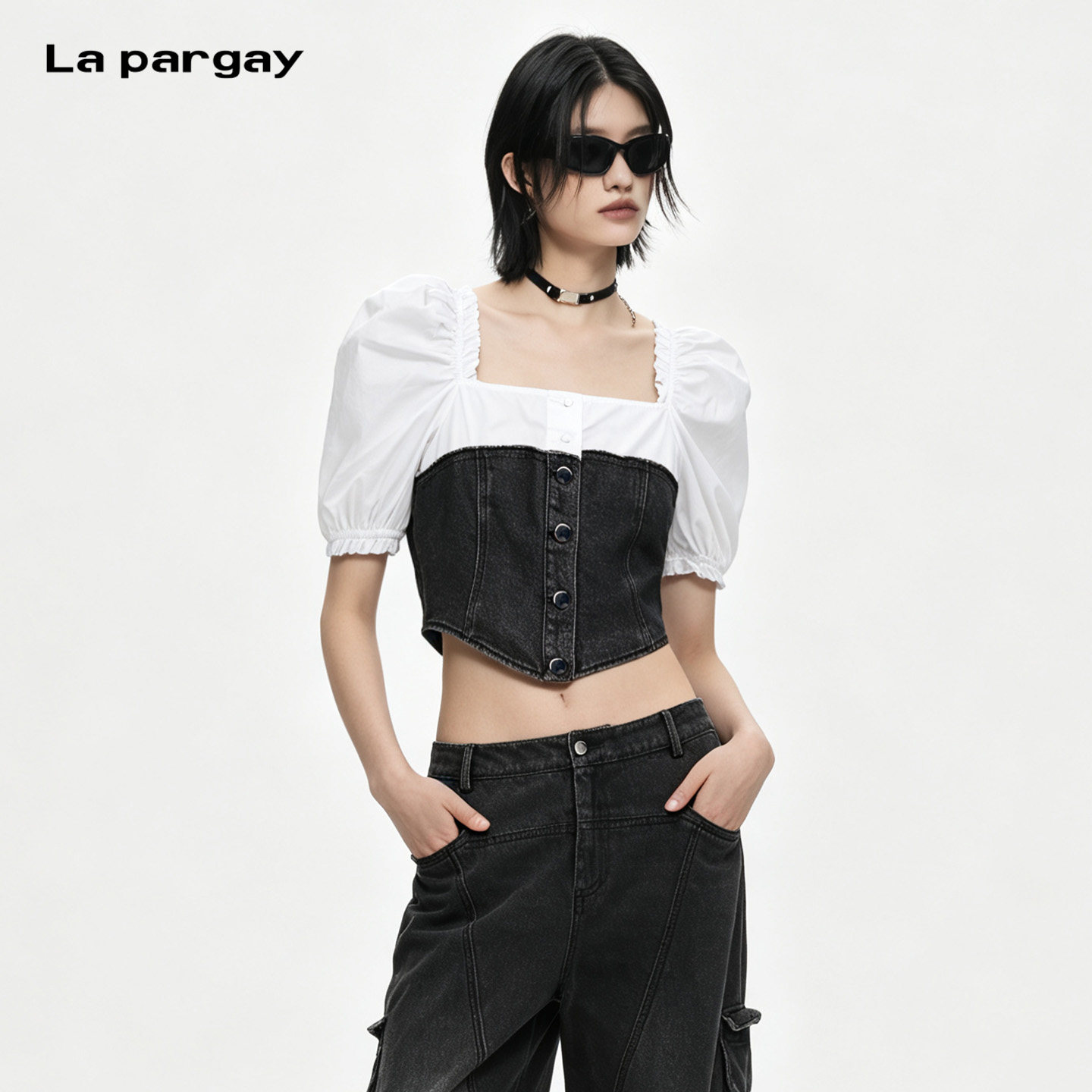 Lapargay方领牛仔短袖显高衬衫