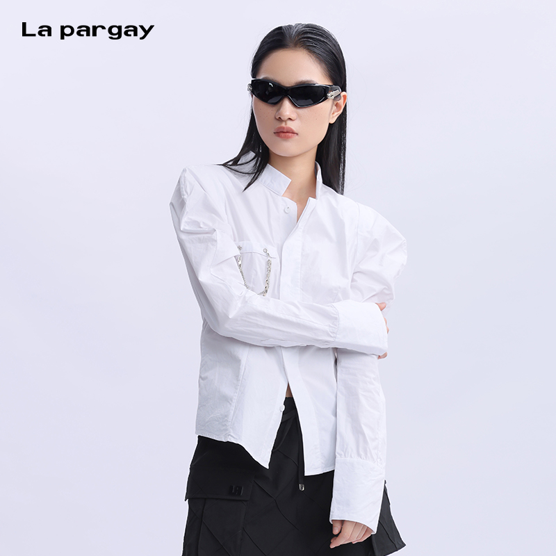 Lapargay纳帕佳纯棉衬衫女半裙两件套时尚拼接设计感衬衣短裙套装