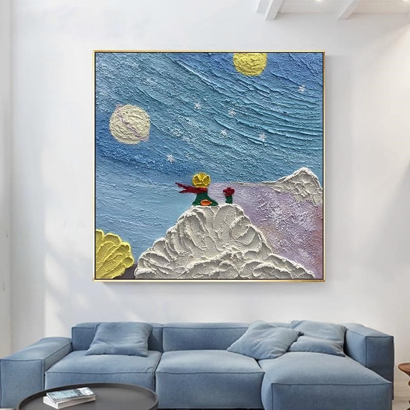 系油画小王子星空方形儿童房书房挂画轻奢客厅U装饰画玄关壁画图片
