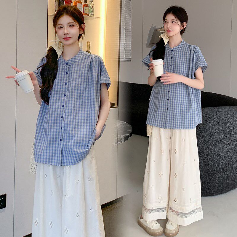 新品孕妇时尚套装夏季新款小个子孕妇装I宽松休闲格子上衣裤子两