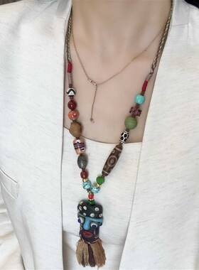 新品尼泊尔手工老琉璃腓尼基人项B链搭配天珠菱镁矿牛骨南红朱砂S